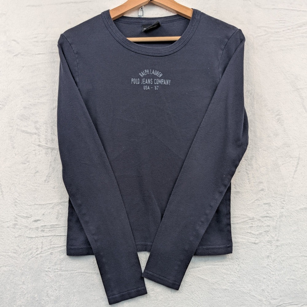 VTG Polo Jeans Co Ralph Lauren T-Shirt Women's L Navy Blue Slim Long Sleeve Y2K